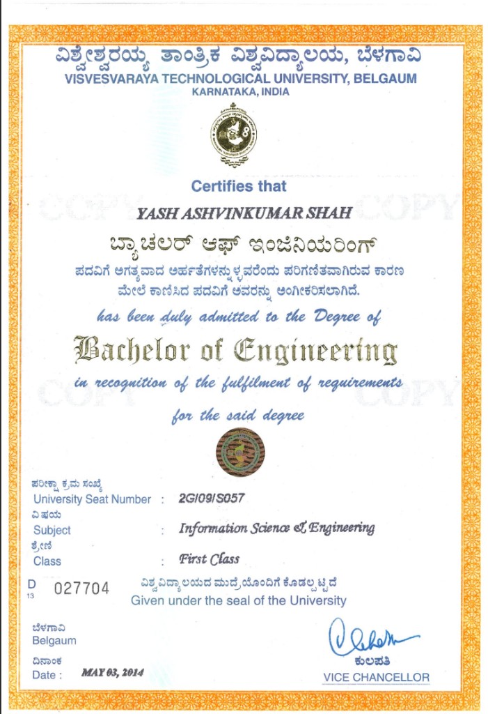 BE Information Science & Engineering from Visvesvaraya Technological University